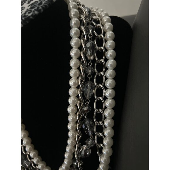 Elegant Multi-Strand Faux Pearl & Silver Chain Necklace With Crystal Accents - Picture 2 of 5